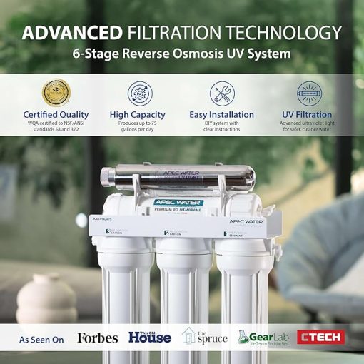 APEC Water Systems ROES-UV75-SS Top Tier Violet Sterilizer 75 GPD 6-Stage Ultra Safe Reverse Osmosis Drinking Water Filter System, Stainless Steel UV Housing - Image 2